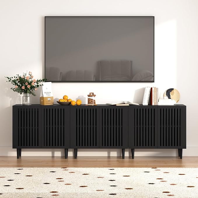 CHUWELL Farmhouse Storage Cabinet Set of 3, 94.5" Buffet Cabinet with 6 Doors and Adjustable Shelf, Sideboard Coffee Bar with Solid Wood Feet for Kitchen,Dining Room,Living Room,Black