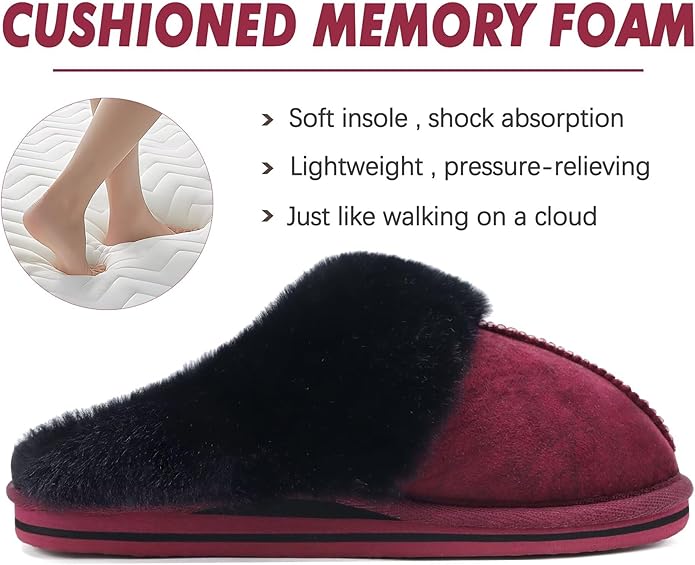 KuaiLu Womens Fluff Dual Memory Foam Slippers Ladies Cozy Arch Support Warm Scuff Slippers Slip on Comfy Winter House Shoes with Non-Slip Indoor Outdoor Hard Sole