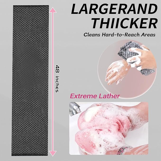 Blissal Exfoliating Shower Towel 47", Premium Scrub Wash Cloth for Body Face, Blissal Shower Towel for Smooth Skin, 2-in-1 Exfoliating Washcloth-Body Scrubber with 2 Sides for All Skin Types (Black)