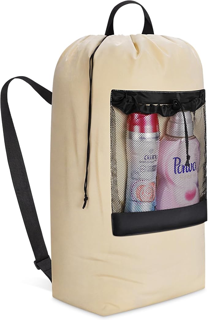 Lifewit 90L Laundry Bag, Extra Large Laundry Backpack with Shoulder Straps and Mesh Pocket for Laundromat, Heavy Duty Laundry Bag Backpack for Dirty Clothes for College Dorm/Travel/Apartment, Khaki