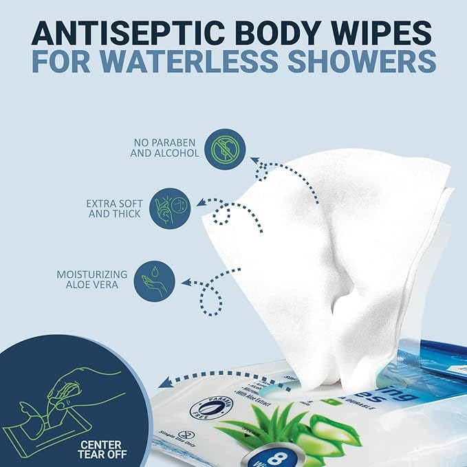 MED PRIDE Hospital Wipes for Bathing, Waterless Rinse Free Bath Wipes for Adults, Microwavable Soft Thick, 12 Packs (96 Count), Aloe Vera