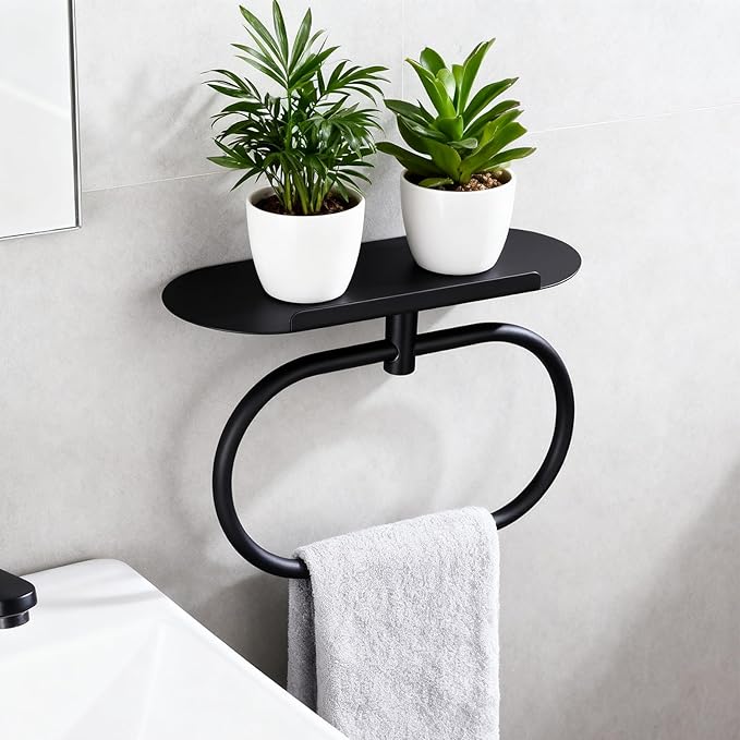 Towel Ring with Shelf, Heavy Duty Stainless Steel Bathroom Hardware, Adhesive No-Drill or Drill Mount Wall Mounted Towel Holder for Bathroom and Kitchen (Black)