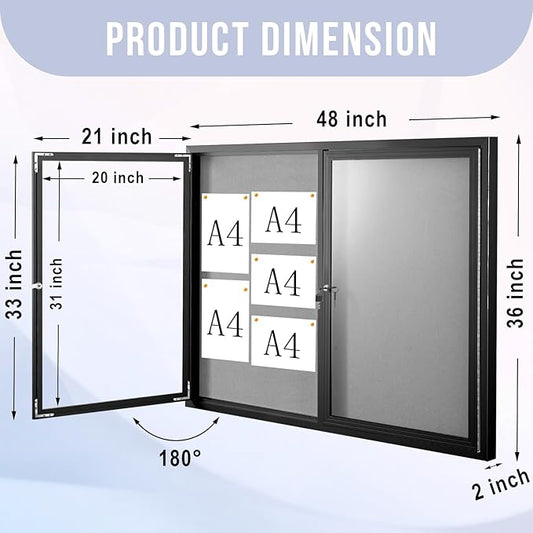 Enclosed Bulletin Board 48"x36" Outdoor Weatherproof Cork Noticeboard with Locking Door Wall-Mounted Gray Fabric Black Aluminium Frame for Home, School, Office, Community, Hospital