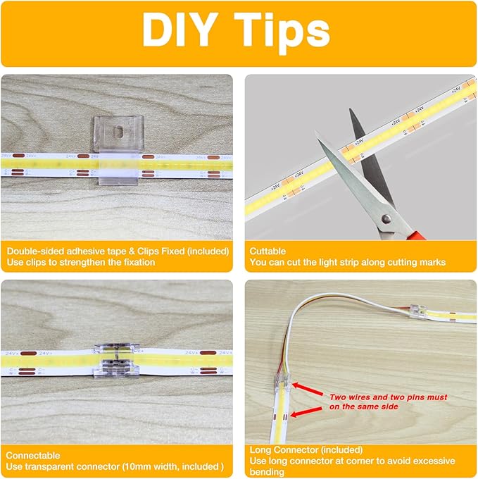 DAYBETTER COB LED Strip Lights, Tunable White(2700K-6500K) COB LED Lights with 3040 LEDs, 24V Adapter, RF Remote, Dimmable High Density Uniform LED Strip for Bedroom, Kitchen, Cabinet, CRI90+, 16.4ft