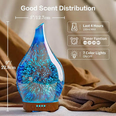 Porseme Essential Oil Diffuser 3D Glass Aromatherapy Ultrasonic Humidifier, Air Refresh Auto Shut-Off, Timer Setting, BPA Free for Home Hotel Yoga Leisure SPA Gift 100ml Last 4h