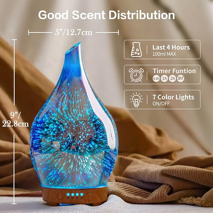 Porseme Essential Oil Diffuser 3D Glass Aromatherapy Ultrasonic Humidifier, Air Refresh Auto Shut-Off, Timer Setting, BPA Free for Home Hotel Yoga Leisure SPA Gift 100ml Last 4h