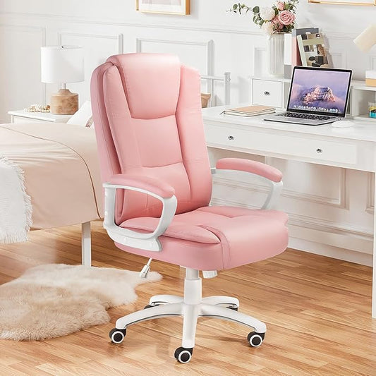 LEMBERI Office Desk Chair, High Back Executive Computer Chair, Ergonomic Big and Tall Adjustable PU Leather Chairs with Padded Armrest for Long Time Sitting, Pink