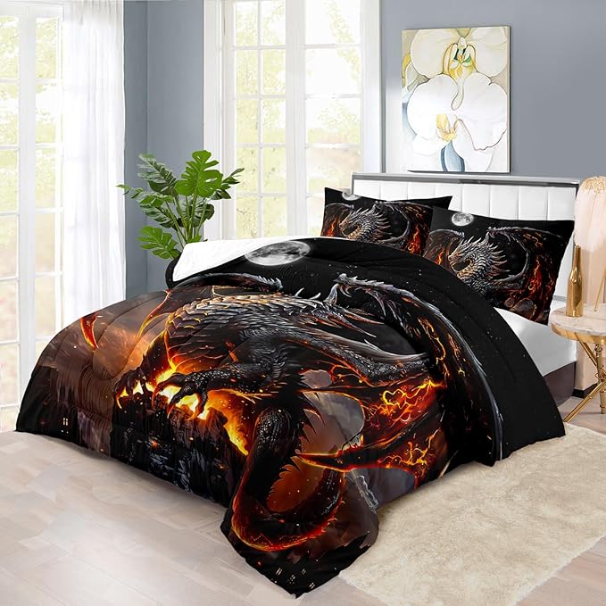 Black Dragon Comforter Set Queen Adult,Flame Dragon Bedding Set for Boys,Magical Beast Bedding Fantasy Animal Comforter Beedroom Decor,Magical Beast Quilt Bed Decor
