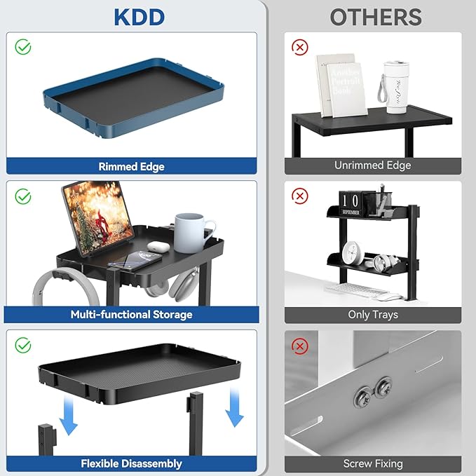 KDD Clamp On Desk Organizer - Adjustable 2-Tier Above or Under Desk Shelves with Large Capacity Tray, Phone & Tablet Holder, Headphone Hook - No Drilling Desktop Storage for Office & Home Accessories