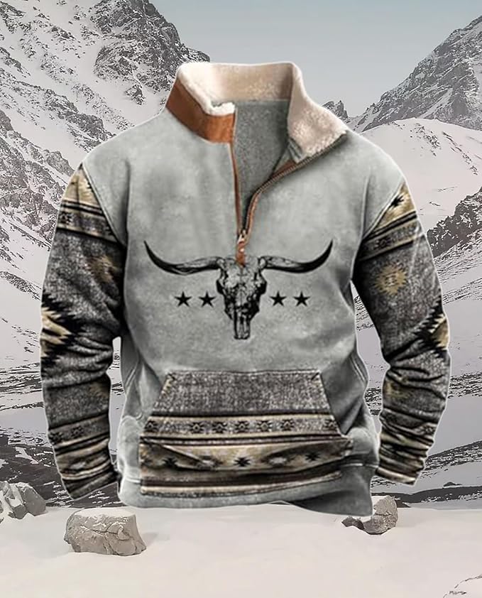 Western Sweatshirts for Men Aztec Cowboy Vintage Graphic Fleece Hoodie Mens Quarter Zip Pullover Country Jacket