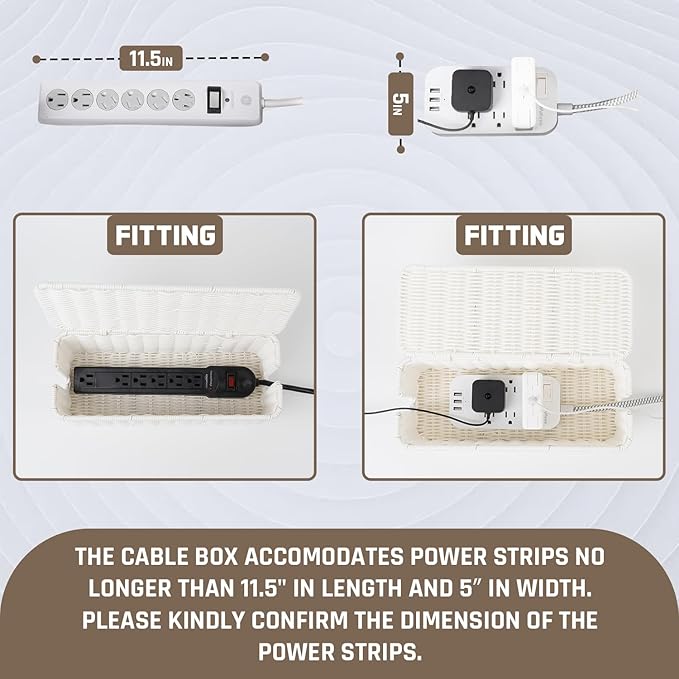 Cable Management Box, Handmade Rattan Cable Organizer, 2 Open Slots Cords Hider Box, Under Desk Cord Organizer for Computer Router USB Hub & Power Strip, Patent Pending, 13" x 5.1" x 5.1", White