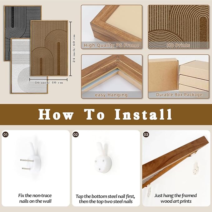 BINCUE Abstract Neutral Canvas Paintings Modern Artwork for Walls Framed for Bedroom Living Room Hallway 16x24 Inch Set of 3