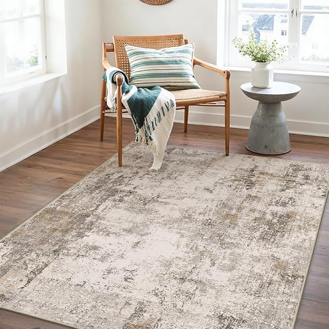 3x4 Washable Area Rug Brown Grey Abstract Entryway Office Throw Rug Neutral Modern Non Slip Soft Low Pile Small Carpet for Kitchen Living Room Bedroom Entrance