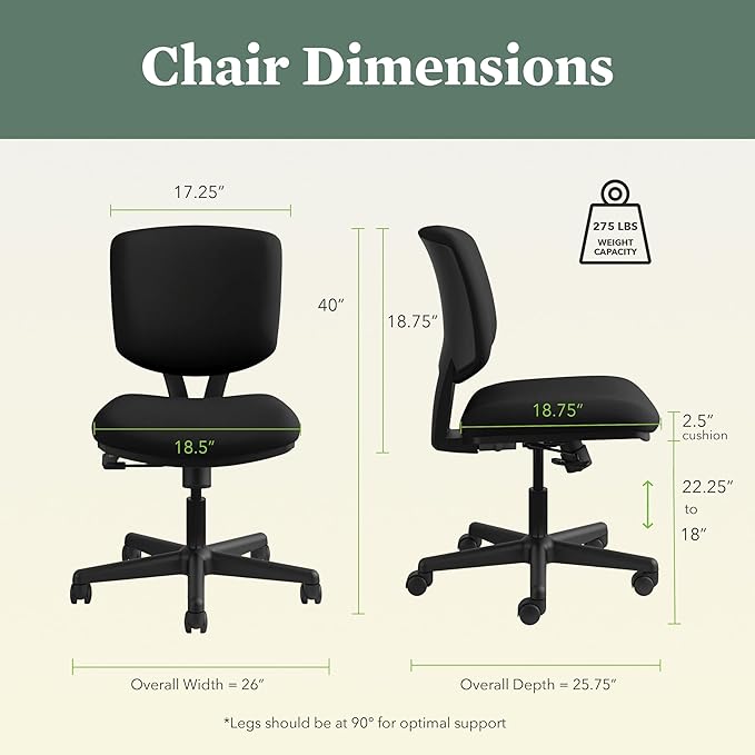 HON Volt Armless Office Chairs with Wheels, Ergonomic Adjustable Center-Tilt Recline, Fabric Back and Seat, Swivel Desk Chair, Black