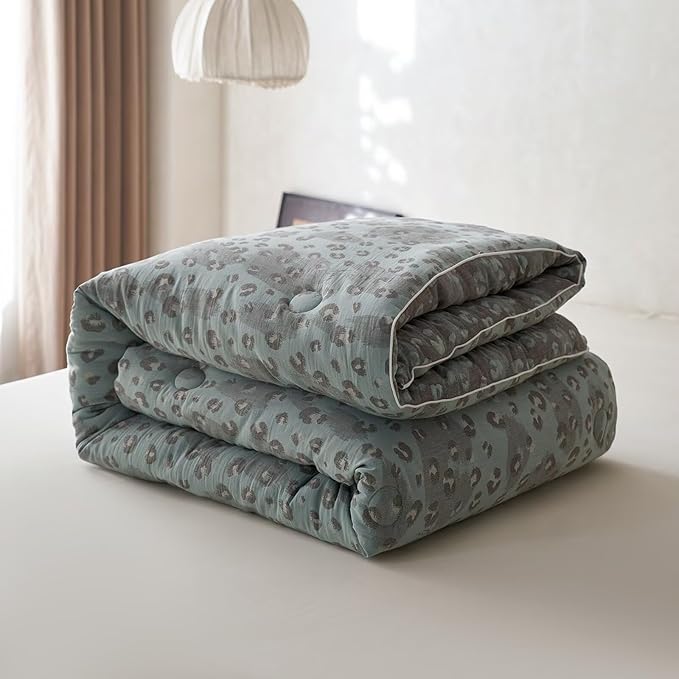 MKXI Double Layer Muslin Cotton Comforter Set Full Size Leopard Print Shabby Chic Bedding Comforter Set Soft Breathable Grey and Green Floral Animal Cheetah Lightweight Bed Comforter for All Season