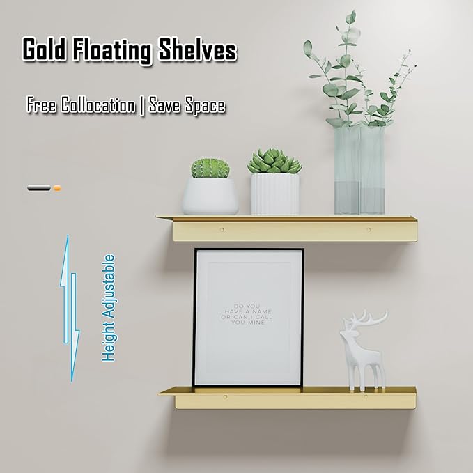 Metal Floating Shelves, Set of 2, Brushed Gold Wall Shelves Picture Ledge, Shower Caddy Wall Mounted, Decorative Display Shelf for Bedroom, Living Room, Bathroom, Office