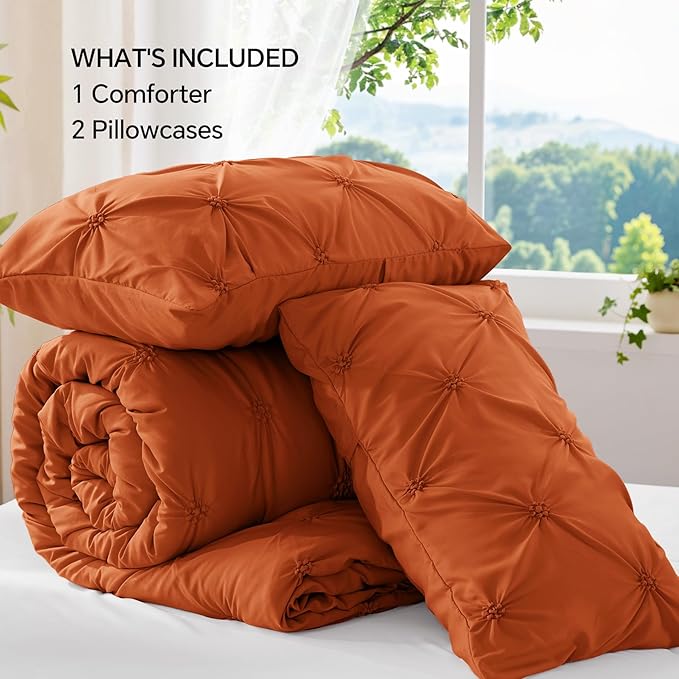BEDELITE Burnt Orange King Size Comforter Set - 3 Pieces Boho Pintuck Bedding Comforter Sets, Lightweight Soft & Warm King Bedding Set with 2 Pillowcases for All Season