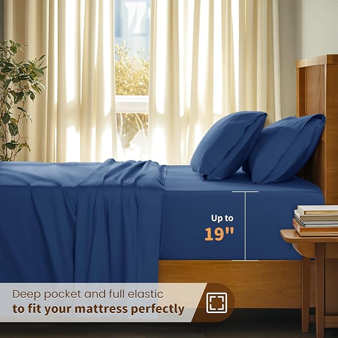 LBRO2M 100% Cotton Sheets Set Deep Pocket 19", 1000 Thread Count California King Size 4 Piece Bed Sheet Sets Soft Comfortable Bedding All Season (California King, Navy Blue)
