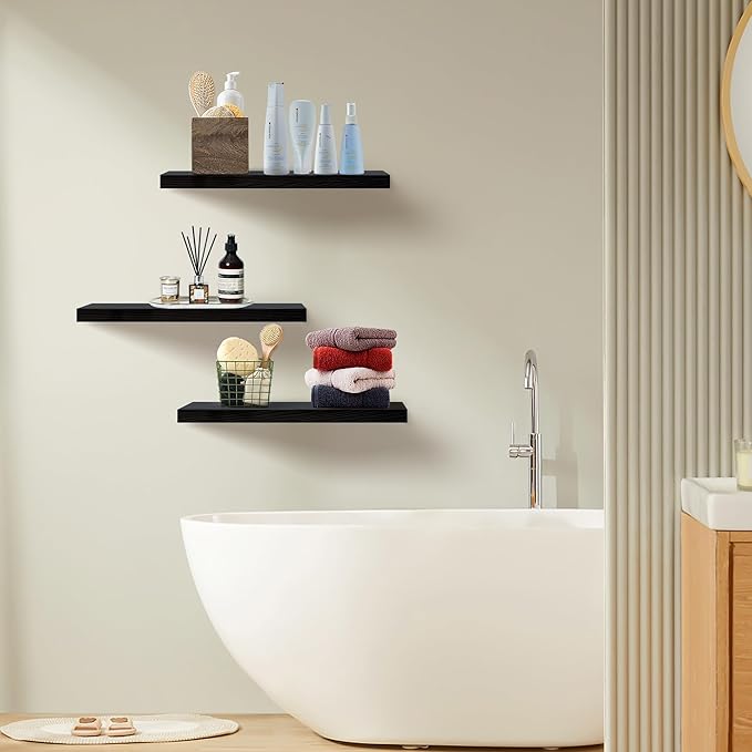 Floating Shelves for Wall Set of 3, 24" Black Wall Shelves for Home Decor, Frame Display Black Floating Shelf for Living Room, Bedroom, Bathroom, Kitchen