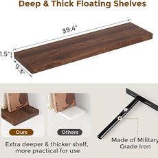 40 Inch Floating Shelves for Wall, 9.3 Inch Deep Shelves for Books & Decor, Wall-Mounted Floating Shelf 40 Inch Long Set of 2, Rustic Wooden Shelf for Living Room, Bedroom, Kitchen, Walnut