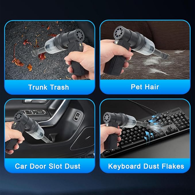 4-in-1 Compressed Air Duster with Light, Handheld Car Vacuum/Air Blower/Pump/Inflate 130000RPM Adjustable Electric Vacuum Cleaner for Computer Keyboard Car Home(Black)