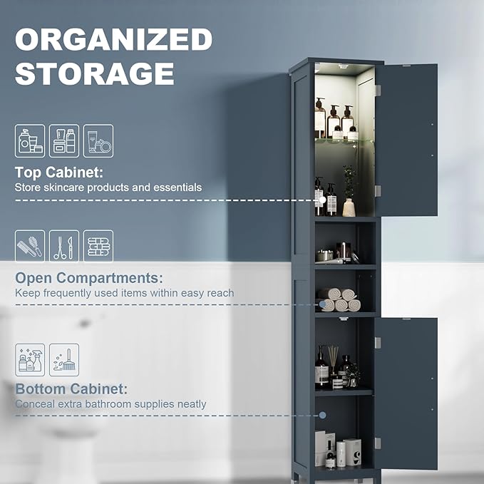 67" Tall Bathroom Storage Cabinet with Lights, Slim Narrow Bathroom Cabinet Organizer with Doors and Adjustable Shelves, Tall Cabinet for Small Space (66.9" Tall-Blue with Light, 1 Pack)
