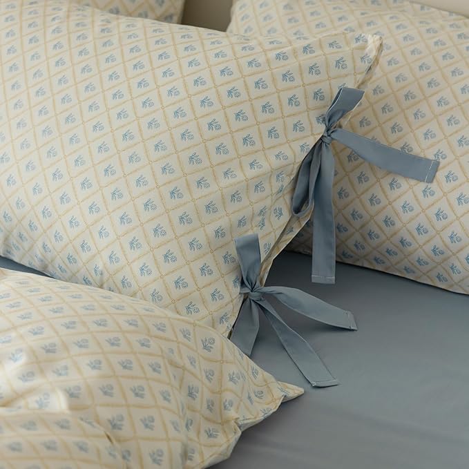 mixinni Blue Floral Duvet Cover Set Twin XL - 3 Piece Cottagecore Bedding Set with Bow Ties & Zipper Closure, 100% Cotton Soft Aesthetic Comforter Cover for Girls, Lightweight Breathable Country Style