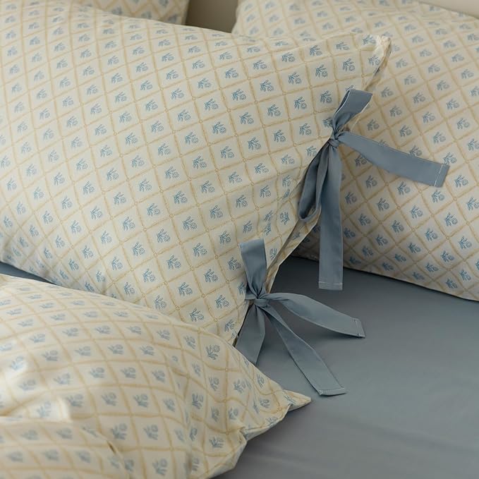 mixinni Blue Floral Duvet Cover Set King - 3 Piece Cottagecore Bedding Set with Bow Ties & Zipper Closure, 100% Cotton Soft Aesthetic Comforter Cover for Girls, Lightweight Breathable Country Style