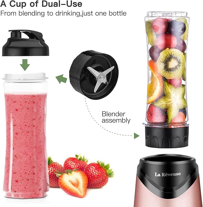 La Reveuse Smoothies Blender Personal Size 300 Watts with 18 oz BPA-Free Portable Travel Sports Bottle (Pink)