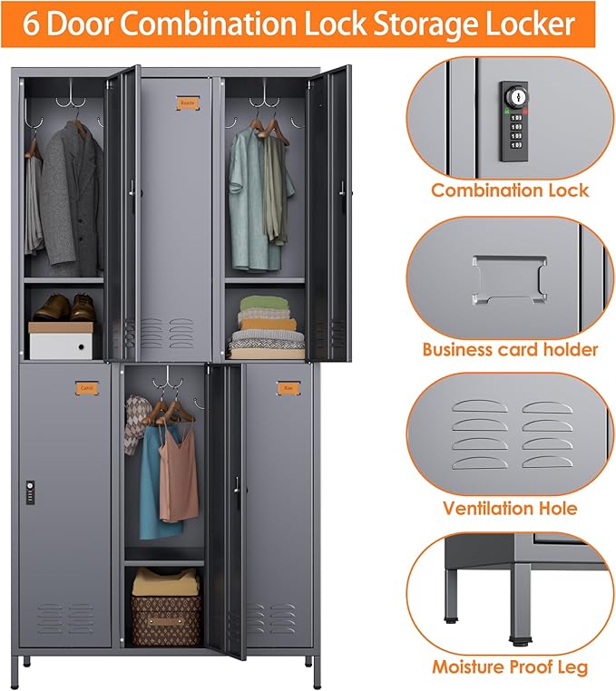 Aobabo Combination Lock Metal Storage Locker for Employees, 6 Doors Lockable Storage Locker with 18 Hooks for Office Gym School, Dark Grey, Assembly Required