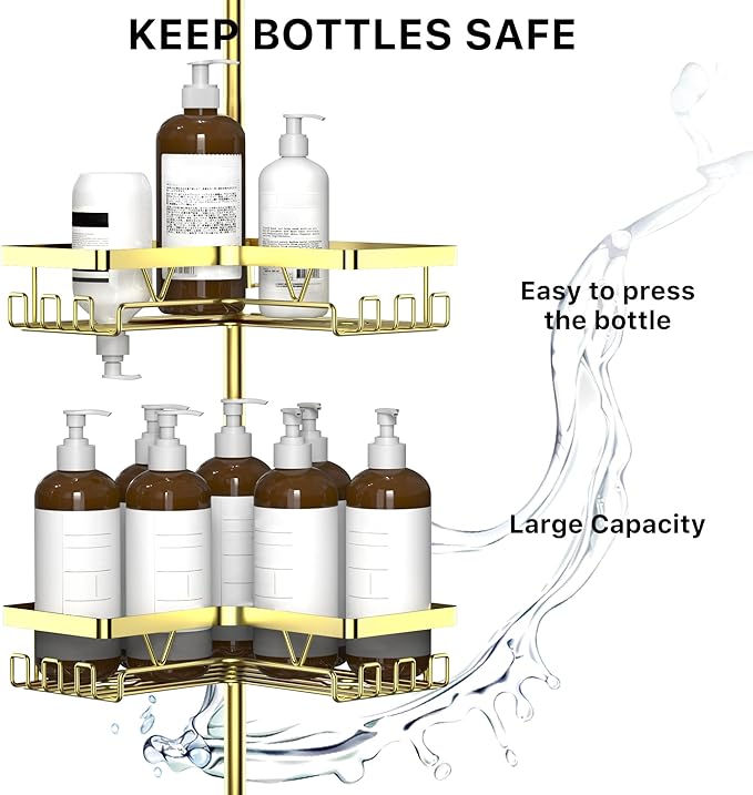 KEGII Shower Caddy Tension Pole, 4-Tier Corner Shower Tension Rod Organizer No Drilling, Floor to Ceiling Bathroom Caddy 25-114.2 inch, Adjustable Bath Tub Shampoo Holder for Corner, Gold