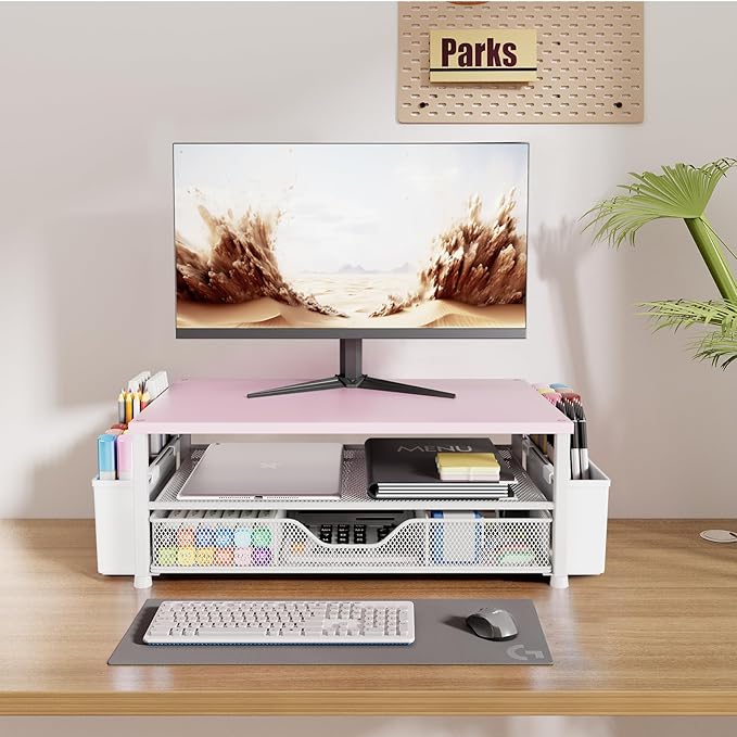 OPNICE Desk Organizers and Accessories, 2-Tier Computer Monitor Stand Riser with Drawer and 2 Pen Holders, Laptop Stand, Office Desk Accessories for Office Supplies, Pink Wood