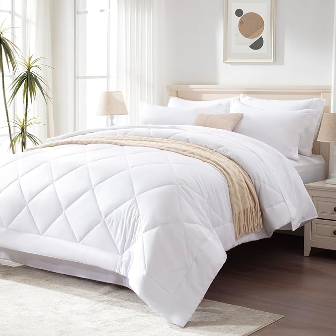 Love's cabin Full Comforter Set White, 7 Pieces Full Bed in a Bag, All Season Bedding Sets with 1 Comforter, 1 Flat Sheet, 1 Fitted Sheet, 2 Pillowcase and 2 Pillow Sham