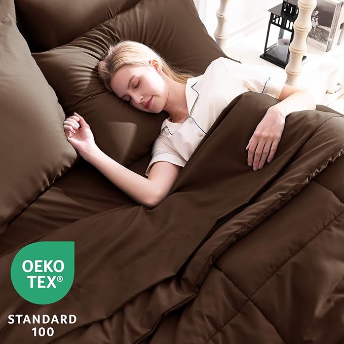 CozyLux Queen Comforter Set Brown, 7 Pieces Bed in a Bag, Brown Comforter Queen Size, All Season Bedding Sets with Stitch Quilted Comforter, Flat Sheet, Fitted Sheet, Pillowcases