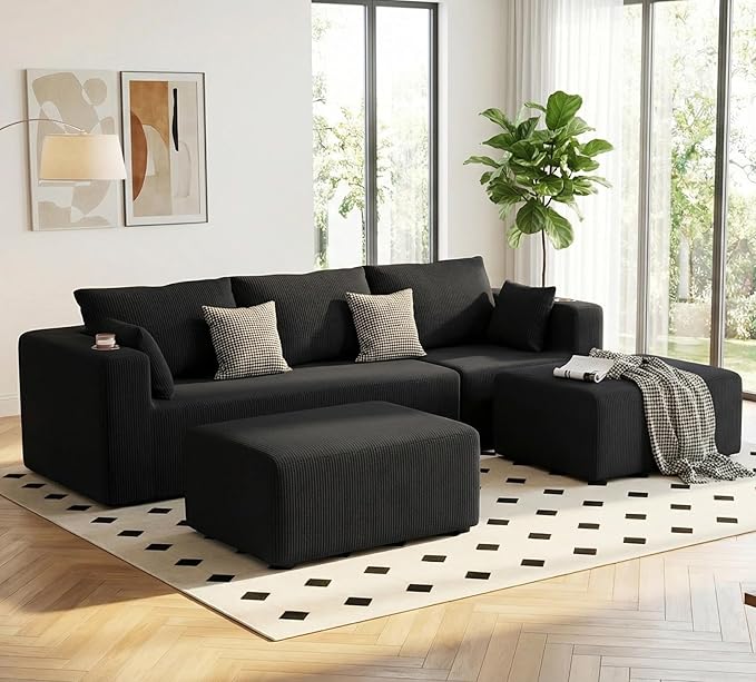 Furnimart 112" U Shaped Modular Sectional Sofa with 2 Ottomans, Boneless Cloud Couch with Chaise for Living Room, Modern Deep Seat Lounge Sleeper Couch Bed, No Assembly, Corduroy Black