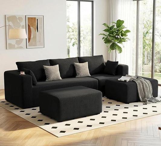 Furnimart 112" U Shaped Modular Sectional Sofa with 2 Ottomans, Boneless Cloud Couch with Chaise for Living Room, Modern Deep Seat Lounge Sleeper Couch Bed, No Assembly, Corduroy Black