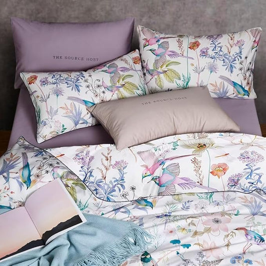 MKXI Purple Comforter Set Twin Size Microfiber Quilt with 2 Pillowcases Soft Comforter 68"x90" Birds and Floral Pattern Botanical Comforters