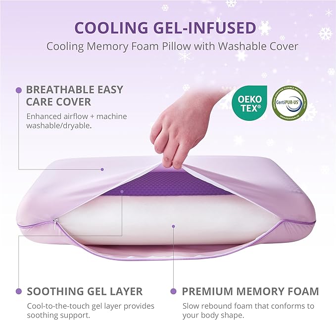 Cooling Pillow for Sleeping, Gel Memory Foam Pillow with Reversible Cover, Neck Support for Side, Back and Stomach Sleepers, Removable & Machine Washable Cover, Bed Pillows for Hot Sleepers, Purple