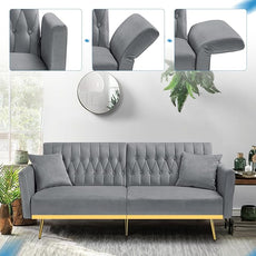 70” Velvet Futon Sofa Bed with 2 Pillows and Adjustable Armrests, Convertible Sleeper Bed W/Adjustable Backrests, Modern Loveseat for Living Room, Bedroom, Light Grey