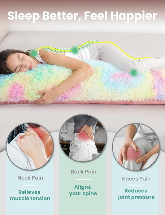 ZonLi Fluffy Faux Fur Rainbow Body Pillow,Adjustable Memory Foam Fill with Washable Cover，20x54 Long Pillow for Adults Girls & Kids, Side Sleep Body Pillow