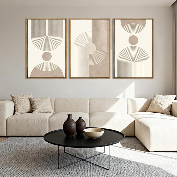 BINCUE Beige Neutral Canvas Wall Art Framed Geometric Abstract Wall Decor Mid Century Modern Artwork Wall Decor for Living Room Bedroom Office 16"x24" Set 3 Gift