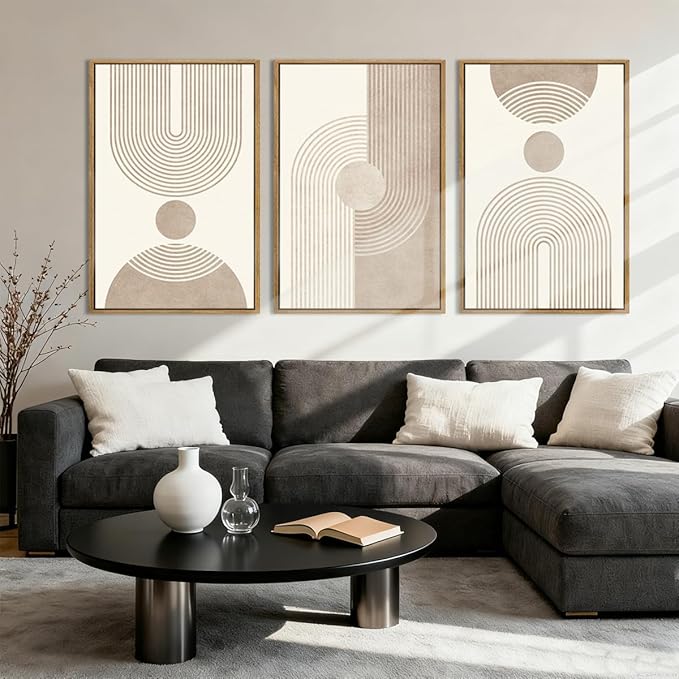 BINCUE Beige Neutral Canvas Wall Art Framed Geometric Abstract Wall Decor Mid Century Modern Artwork Wall Decor for Living Room Bedroom Office 16"x24" Set 3 Gift