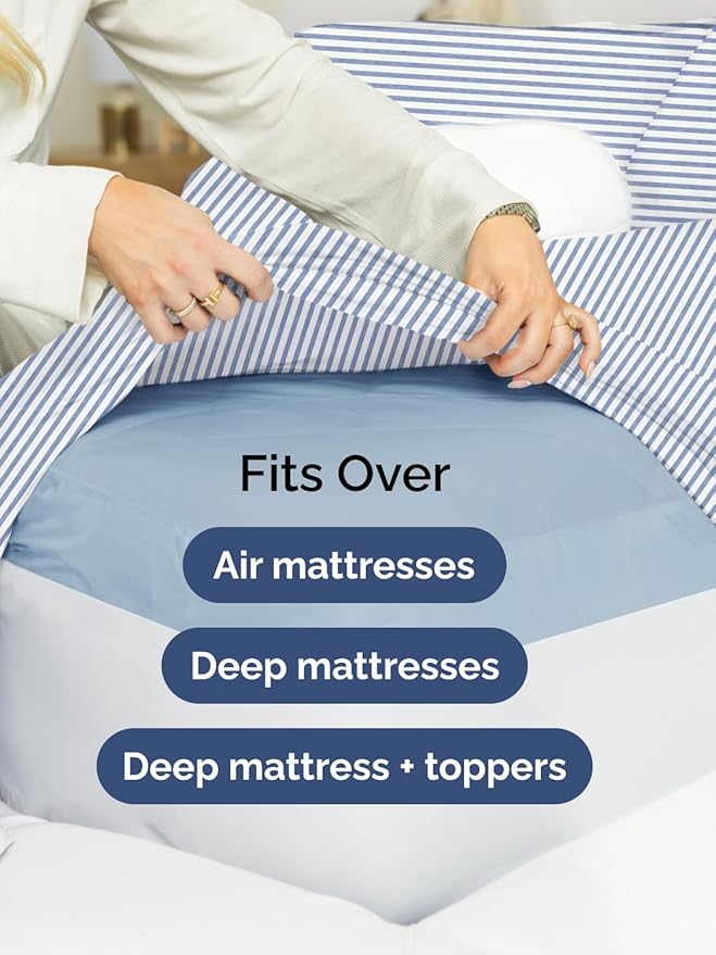 Extra Deep Pocket Queen Sheet Set - 4 Piece Breathable & Cooling Bed Sheets - Hotel Luxury Sheet Set - Ultra Soft, Wrinkle Free & Comfy - Fits Extra Deep Mattresses - Deep Pocket Blue Stripes 2 Sheets