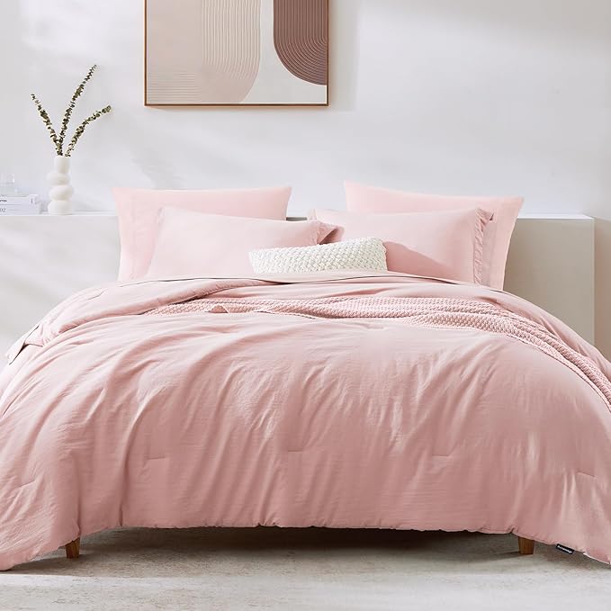 WRENSONGE Full Size Comforter Set- 7 Pieces Soft Pink Bed in a Bag Full Size Comforter with Fitted Sheet, Flat Sheet, 2 Pillow Shams, 2 Pillowcases, Warm Bedding Sets for All Season
