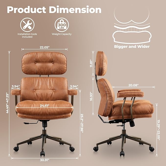 ovios Ergonomic Office Chair, High Back Faux Leather Executive Chairs with Thick Cushion, Comfy High-Century Modern Swivel Rolling Computer Armchair (Brown, Suede Leather)