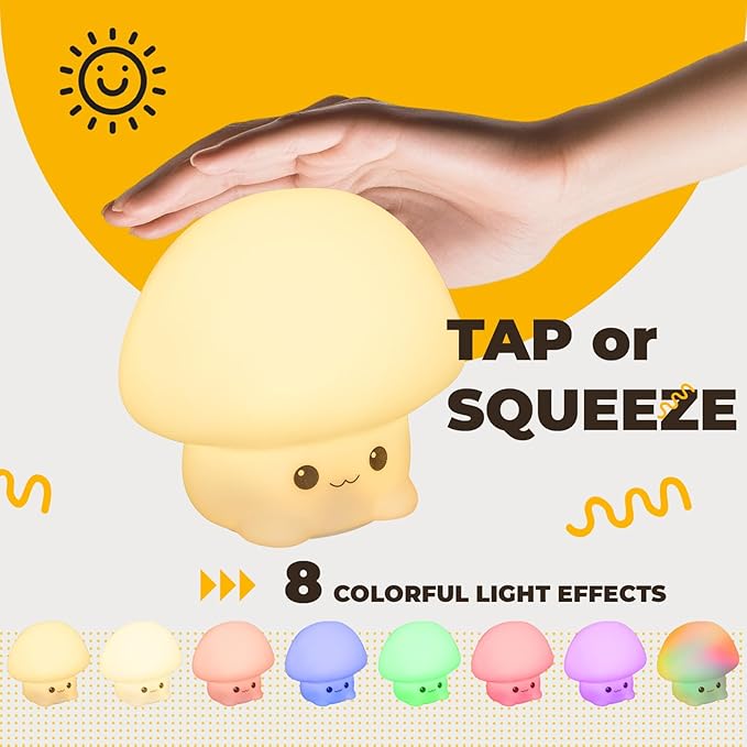 LED Squishy Animal Night Light - 2 Level Dimmable Nursery Lamp, Rechargeable Touch Lamp, Cute Dorm Decor - Perfect Boys Girls Gift (Cartoon Mushroom)