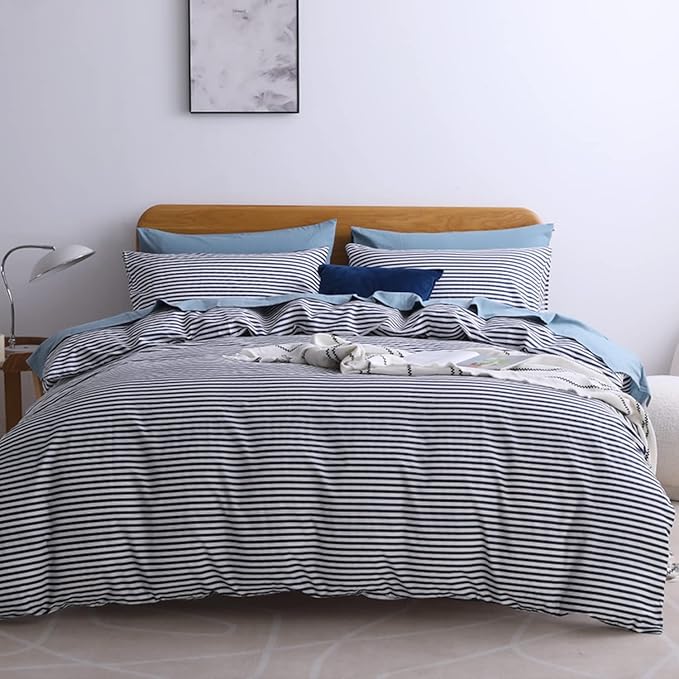 JELLYMONI 100% Natural Cotton 2pcs Striped Duvet Cover Sets,White Duvet Cover with Navy Blue Stripes Pattern Printed Comforter Cover,with Zipper Closure & Corner Ties(Twin Size)