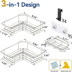 YASONIC Corner Shower Caddy Organizer, 3-Pack Self-Adhesive Rustproof Bath Shelves with Soap Holder & 4 Hooks, Large Capacity Shower Storage Rack for Bathroom Organization, Silver