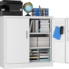 SUXXAN Metal Storage Cabinet with Pegboard 31.5'' x 31.5'' x 16.5'',Lockable Rolling Steel Storage Cabinet with 5 Adjustable Shelves and Door for Garage, Office, Kitchen, Assembly Required(White)