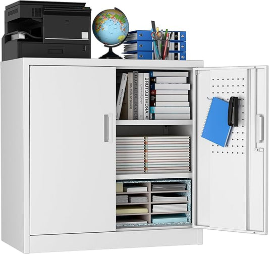 SUXXAN Metal Storage Cabinet with Pegboard 31.5'' x 31.5'' x 16.5'',Lockable Rolling Steel Storage Cabinet with 5 Adjustable Shelves and Door for Garage, Office, Kitchen, Assembly Required(White)